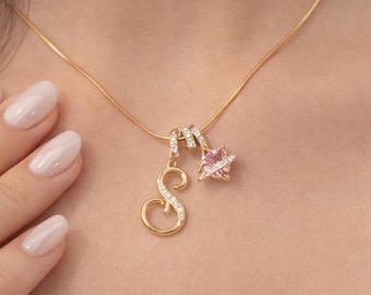 Initial Necklace with Pink Crystal Heart Charm