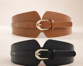 Vintage Wide Corset Belt for Women – Elastic PU Waist Belt with Gold Pin Buckle