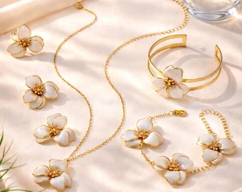 5 Piece Set Elegant Floral Jewelry Set Gold Necklace Earrings Bracelet Ring