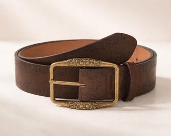 Vintage Embossed Leather Belt with Antique Bronze Buckle Floral Ethnic Design