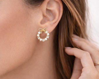 Gold Bow Pearl Wreath Stud Earrings