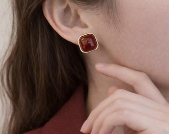 Red Carnelian Studs Gold Square Gemstone Minimalist Vintage Style Statement Jewelry Gift
