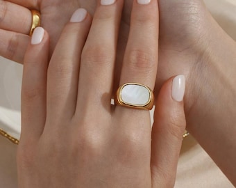 Gold Signet Ring Set with Mother of Pearl