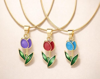 Gold Tulip Pendant Necklace, Enamel Flower Jewelry, Dainty Necklace Gift for Women