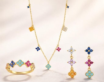 Colorful Clover Gold Jewelry Set Necklace Earrings Ring Elegant Luxury Gift
