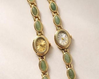 Vintage Oval Jade Link Wrist Watch – Elegant Gold & Silver Bracelet Timepiece