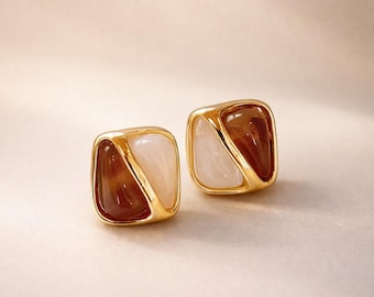 Geometric Gold Stud Earrings with Amber & Milky White Inlay