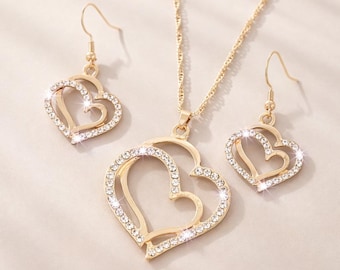 Elegant Double Heart Crystal Jewelry Set Necklace & Earrings Romantic Gift