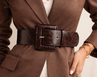 Vintage Wide Buckle Textured Belt, Elegant Statement Waist Belt for Women