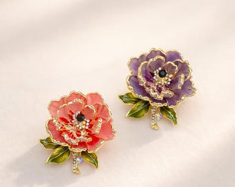 Pink and Purple Enamel Peony Brooch Pin with Gold Trim Crystal Floral Jewelry Gift