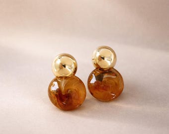 Amber Drop Earrings with Polished Gold Stud