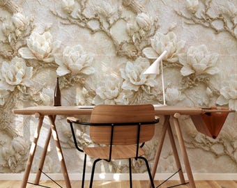 Strukturierte weiße Magnolien-Tapete - große Vintage-Blumentapete - Luxus-neutrale Schlafzimmer-Wohnzimmer-Wanddekoration