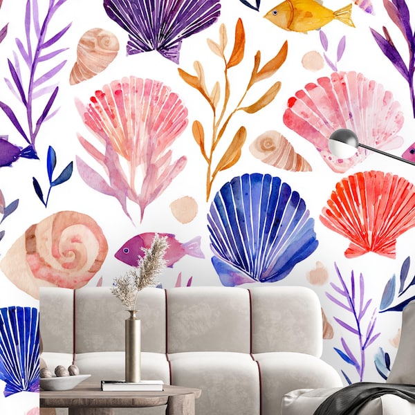 Watercolor Seashell & Fish Wallpaper for Kids and Nursery | Pastel Coastal Ocean Wall Mural | Beach Theme Sea Life Decor