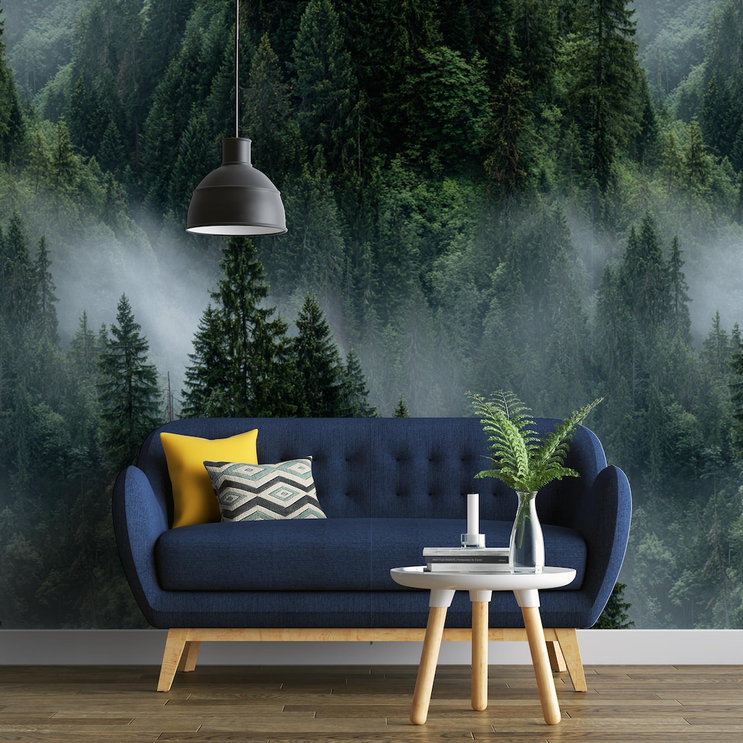 Misty Evergreen Forest Wallpaper – Moody Green Pine Trees Wall Mural ...