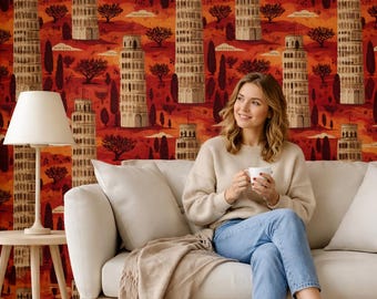 Papel pintado italiano autoadhesivo, mural de la Torre Inclinada de Pisa, estética cálida en terracota, papel pintado confortable para el salón.