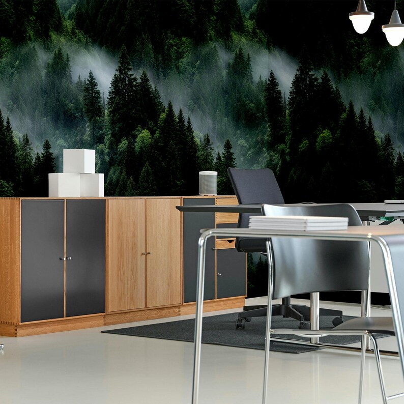 Misty Evergreen Forest Wallpaper – Moody Green Pine Trees Wall Mural ...