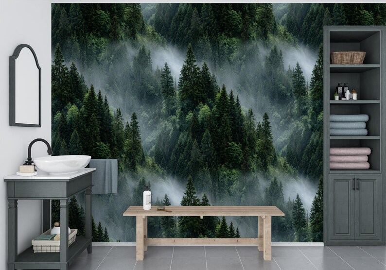 Misty Evergreen Forest Wallpaper – Moody Green Pine Trees Wall Mural ...