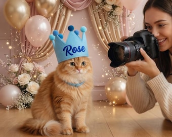 Custom Cat Birthday Crown with Name, Personalized Blue Felt Pet Party Hat, Cute Dog Photoshoot Prop for Birthday Cake Smash