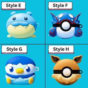 May include: Four colorful protective cases for wireless earbuds. Styles include a blue and yellow hippo, a blue and red creature, a blue penguin, and a brown and black creature. Each case has a matching keychain loop and the text "Style" followed by a letter.