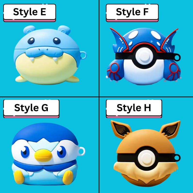 May include: Four colorful protective cases for wireless earbuds. Styles include a blue and yellow hippo, a blue and red creature, a blue penguin, and a brown and black creature. Each case has a matching keychain loop and the text "Style" followed by a letter.