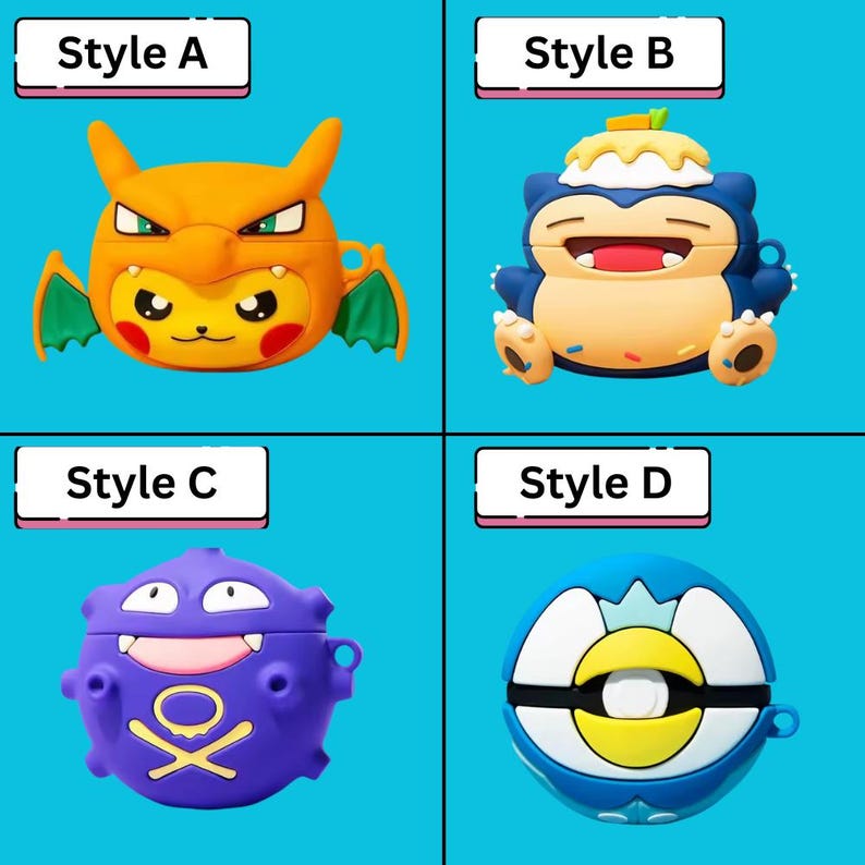 May include: Four colorful protective cases for electronic devices, each designed with a unique character theme. Styles include an orange dragon, a blue and cream character, a purple monster, and a blue and white ball. Each case has a different design.