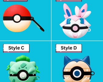 May include: Four colourful protective cases for wireless earbuds. Style A is a red and white Poké Ball design. Style B is a white, pink, and blue Sylveon design. Style C is a green Bulbasaur design. Style D is a blue and tan Snorlax design.