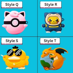 May include: Four colorful protective cases for wireless earbuds. Style Q is pink with black accents. Style R is blue and yellow. Style S is yellow with sunglasses. Style T is orange and green. Each case has the text "Style" and a letter.