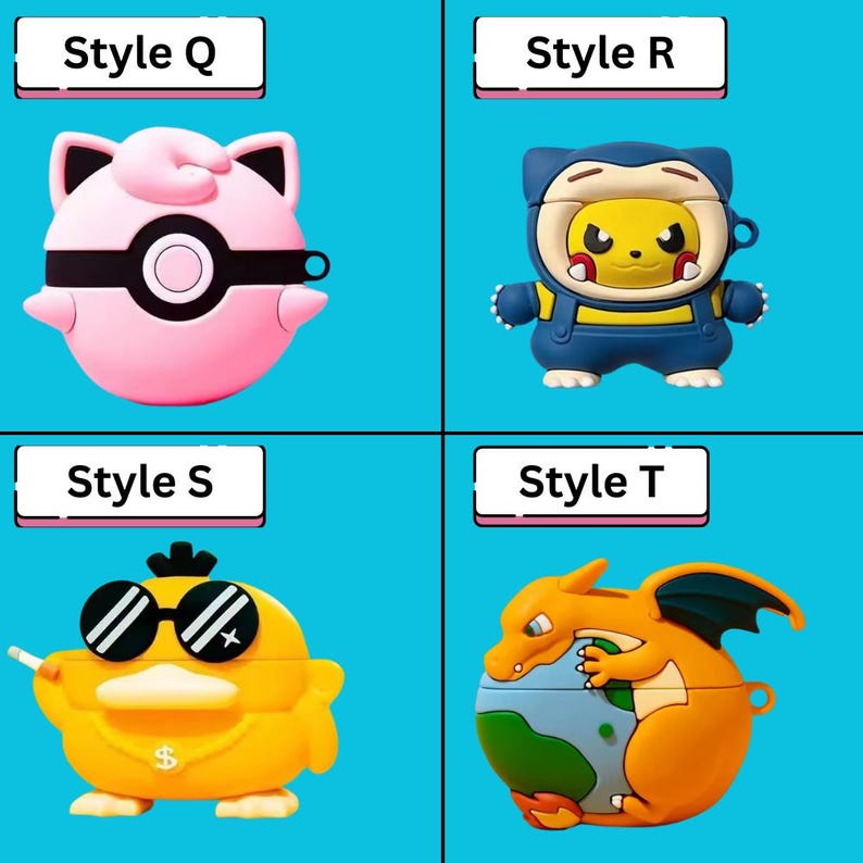 May include: Four colorful protective cases for wireless earbuds. Style Q is pink with black accents. Style R is blue and yellow. Style S is yellow with sunglasses. Style T is orange and green. Each case has the text "Style" and a letter.