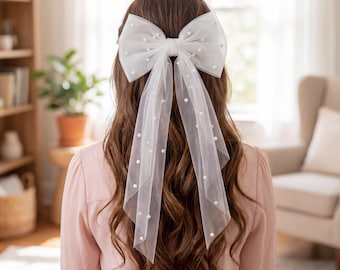 Véu de noiva com laço e pérolas | Acessório de cabelo transparente para casamento, cauda de fita romântica