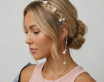 Tiara de noiva com pérolas e flores | Acessório de cabelo elegante para noivas | Faixa de cabelo floral com miçangas