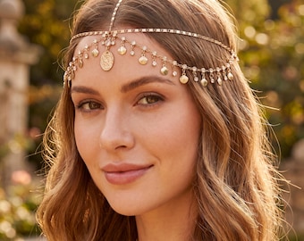 Corrente de cabelo dourada com cristais | Acessório boho para testa, corrente de cabelo para noivas