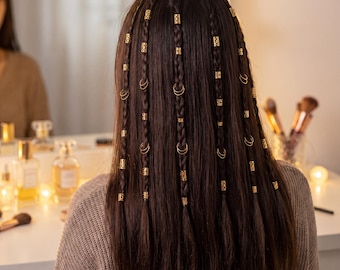 Conjunto de 80 Anéis de Cabelo Trançados Dourados | Joias Boho Loc, Acessórios para Festas