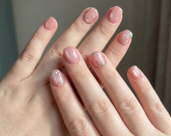 Unhas Postiças Oval Curtas Rosa Jelly Olho de Gato | Conjunto com Detalhes de Bolhas Brilhantes