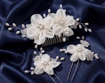 Conjunto de 3 pentes para cabelo de noiva | Acessórios de cabelo com pérolas e flores | Tiara para noiva | Elegante acessório de cabelo floral