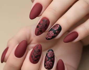Unhas Postiças Rosa Borgonha | Arte Floral Fosca para Unhas, 24 Unidades