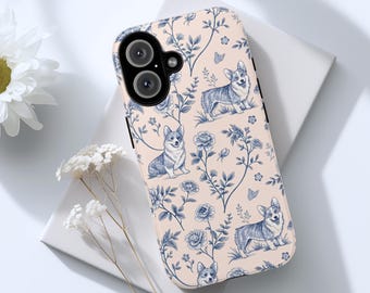 Corgi Toile Phone Case, Corgi Mom Phone Case, Floral Corgi Phone Case, iPhone 13 14 15 16 Pro Max, Galaxy S23 S24 Ultra, Pixel 7 8 9 Pro
