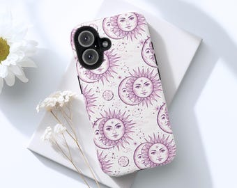Celestial Sun and Moon Phone Case, Boho Astrology iPhone Case, Galaxy S25, Pixel 9, iPhone 16 Protective Case, Purple Boho Phone Case