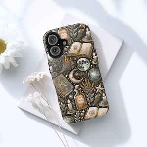 May include: A phone case with a dark background featuring a repeating pattern of spell books, potion bottles, moons, stars, candles, and sprigs of herbs. The case has a glossy finish and a camera cutout.
