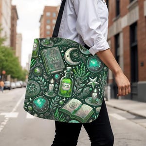 Wiccan Tote Bag, Witchy Tote Bag, Gothic Aesthetic Bag, Celestial Witch Bag, Vintage Witchcraft Tote, Green Mystic Tarot Bag for Witches