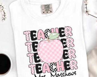 Personalized Teacher Shirt, Retro Checker Teacher Name Tee, Custom Teacher Gift, Back to School Shirt, Comfort Colors Back to School Shirt