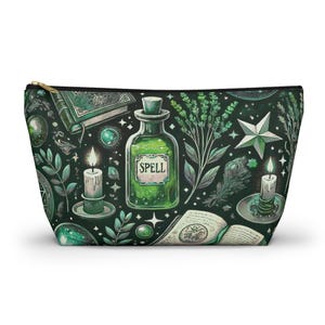 Bolsa de feitiços de bruxa, bolsa de cosméticos mística, bolsa de maquiagem de bruxa verde, bolsa de higiene pessoal de tarô celestial, estojo com zíper para magia de ervas ocultas, bolsa de viagem
