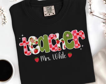 Personalized Strawberry Teacher Shirt, Gingham Teacher Name Tee, Summer Teacher Gift, Custom Teacher Crew Shirt, Comfort Colors Tee