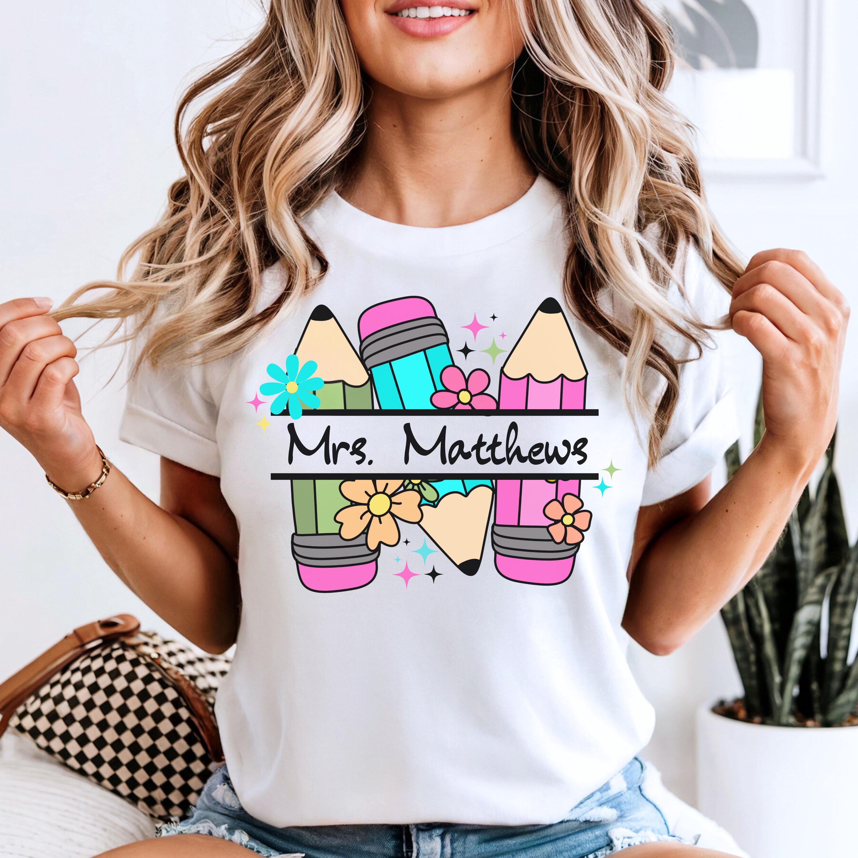 Comfort Colors Teacher Name Shirt, Back to School Teacher Shirt, Custom Name Teacher Gift, Colorful Personalized Pencil Teacher Shirt