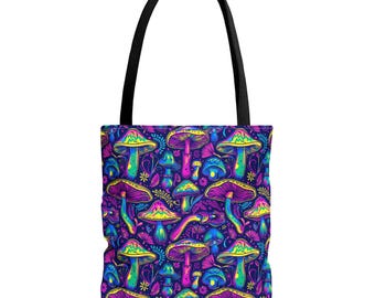 Psychedelic Mushroom Tote Bag – Trippy Aesthetic Tote, Neon Boho Fungi Bag, Festival Hippie Gift, Mystical Mushroom Print, Hippie Style Tote