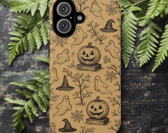 May include: A tan phone case featuring a repeating black line art pattern of jack-o'-lanterns sitting on books, ghosts, witch hats, spider webs, and bare tree branches. The case has a circular camera cutout at the top left corner.
