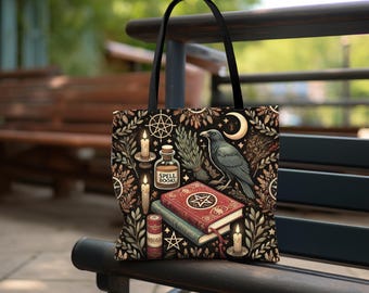 Witchy Tote Bag, Crow Tote Bag, Wiccan Tote Bag, Gothic Bag, Magical Tote Bag, Vintage Witchcraft Tote, Mystic Tarot Bag for Witches