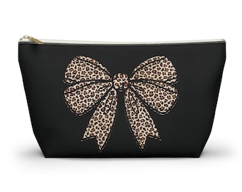 Leopard Print Bow Accessory Pouch, Makeup Bag, Travel Organizer, Cosmetic Case, Zip Clutch, Gift for Her, Bow Bag, Jewlery Bag, Coquette Bag