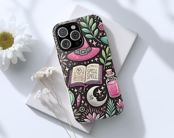 Pink Mystical Witchy Phone Case, Gothic Aesthetic Celestial Moon Stars Spell Book, Wiccan Magic Potion Case, Pixel 9, iPhone 16, Galazy s25