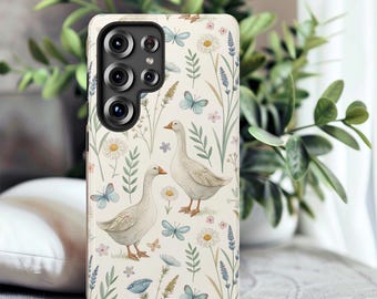 Etui na telefon z motywem gęsi w kwiaty, etui Cottagecore, pastelowy wzór gęsi, uroczy, vintage'owy, ogrodowy wzór na iPhone'a, Samsunga i Pixela