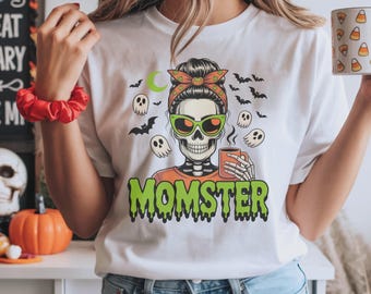 Momster Halloween Shirt, Funny Skeleton Mom Tee, Spooky Coffee Lover Shirt, Halloween Shirt for Women, Fall Graphic Tee for Moms